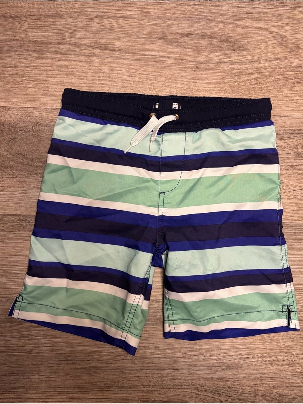 Lands' End Boys Navy, Mint & White Striped Swim Shorts Size M (5-6)